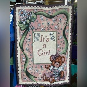 Vintage “It’s A Girl” Tapestry for Baby’s Room or Baby Shower with Teddy Bear